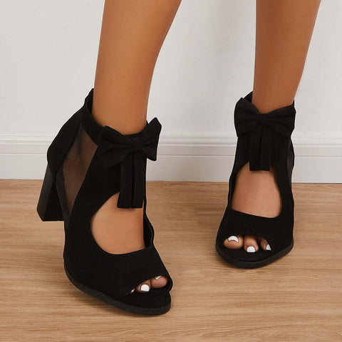 Mesh Chunky Block Heels Bowknot Strappy Sandals