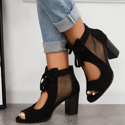 Mesh Chunky Block Heels Bowknot Strappy Sandals