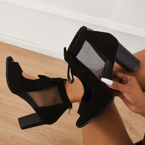 Mesh Chunky Block Heels Bowknot Strappy Sandals