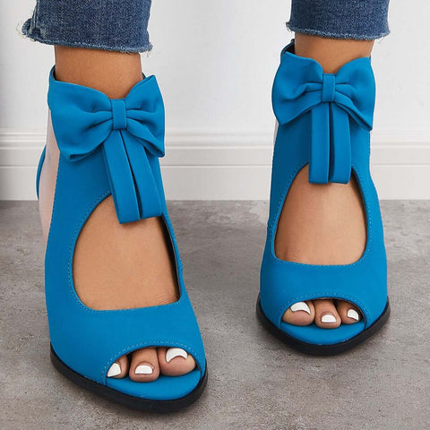 Mesh Chunky Block Heels Bowknot Strappy Sandals