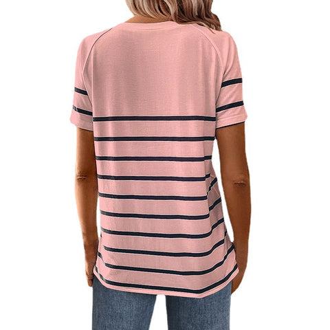Button round Neck Striped T-shirt-Pink
